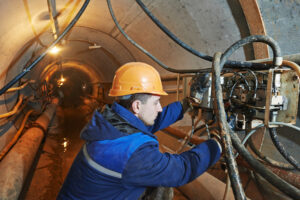 Tunnel construction worker connecting equipment in tunnel